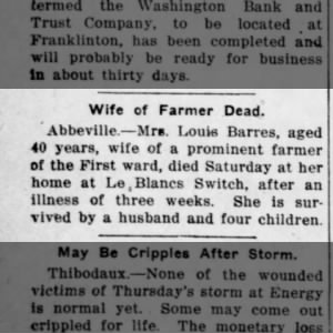 Mrs Louis Barres obituary 1913